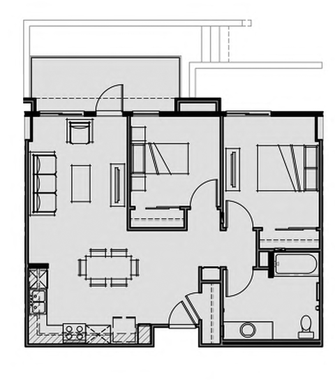 Floor plan for 2 beds, 1 bath, 849 sqft
